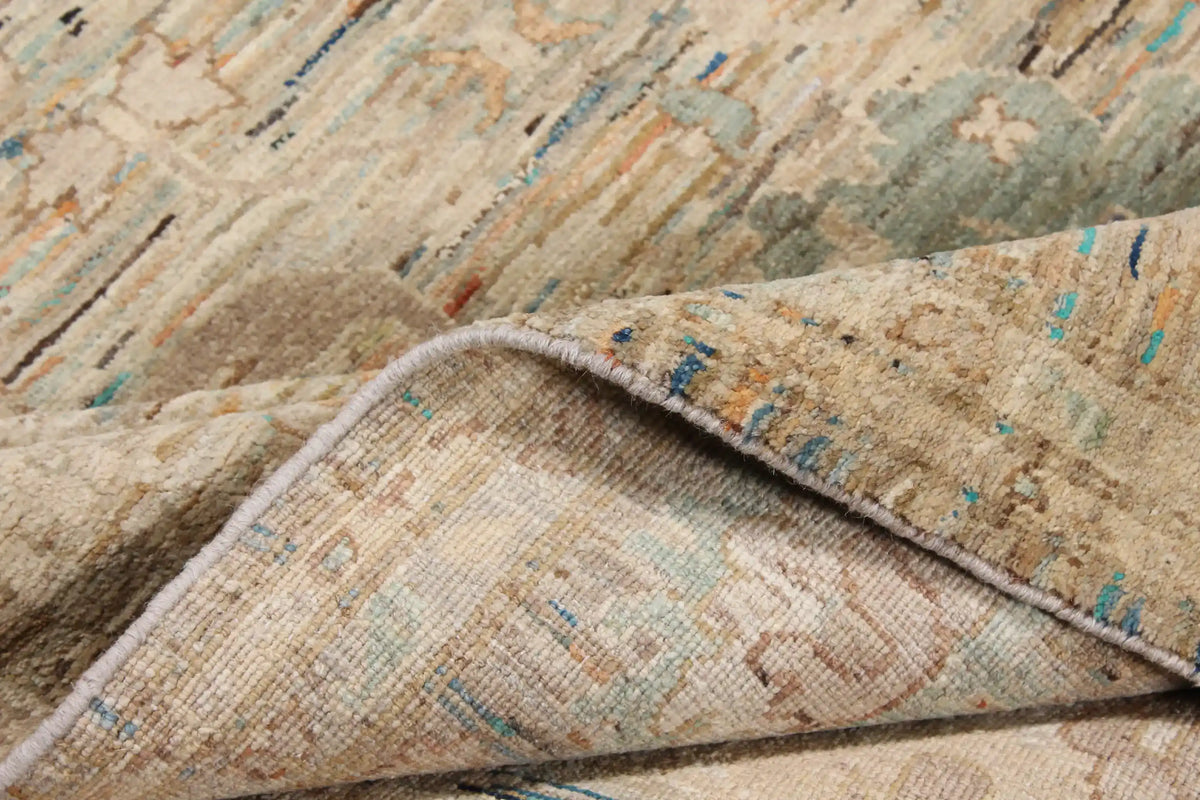 Greige Afghan Rug with Floral Border, 290 × 250 cm, view 9.