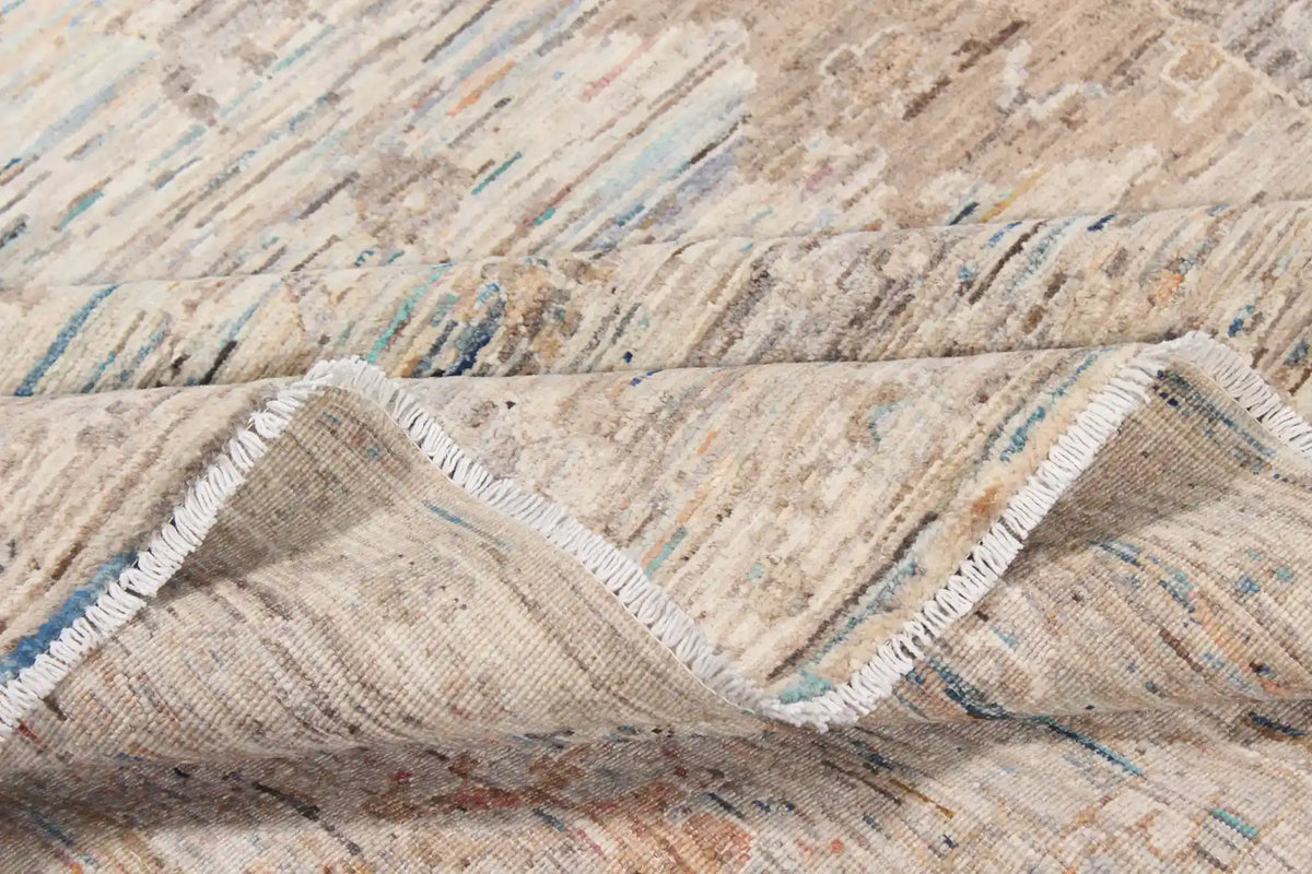 Beige Wool Rug with Fine Cream Flowers, 353 × 255 cm, view 9.