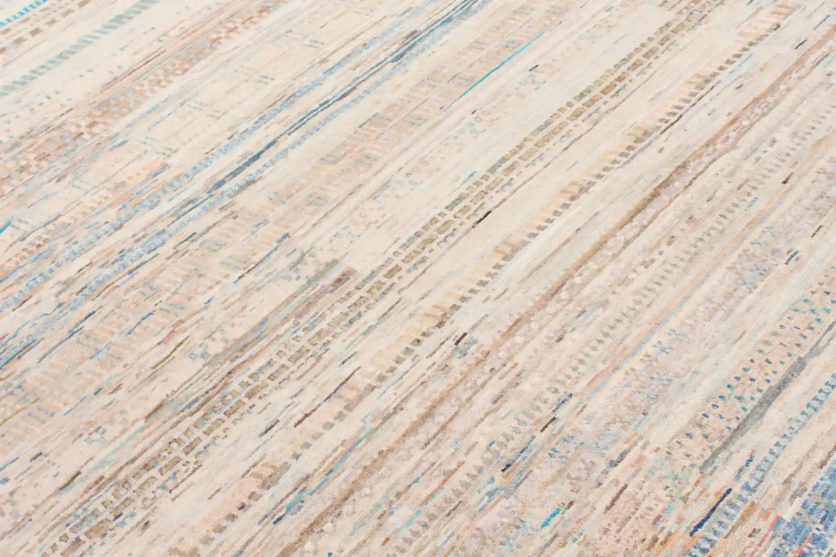 Cremefarbener Berjasta-Teppich mit blauen Querlinien, 360 × 260 cm – Ansicht 8 des handgeknüpften Wollteppichs