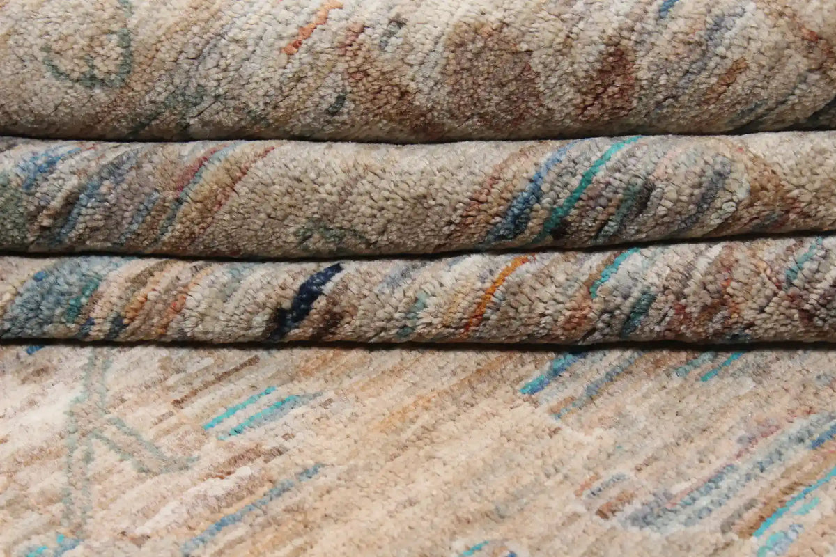 Beiger Orientteppich mit aquafarbenen Blüten, 369 × 259 cm – Ansicht 9 des handgeknüpften Wollteppichs