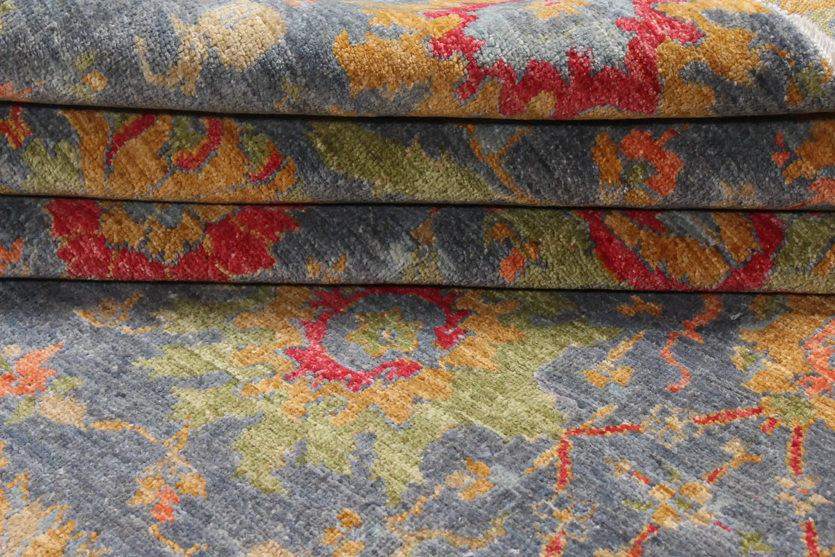 Gray-Blue Afghan Rug with Colorful Flowers, 378 × 277 cm, view 9.