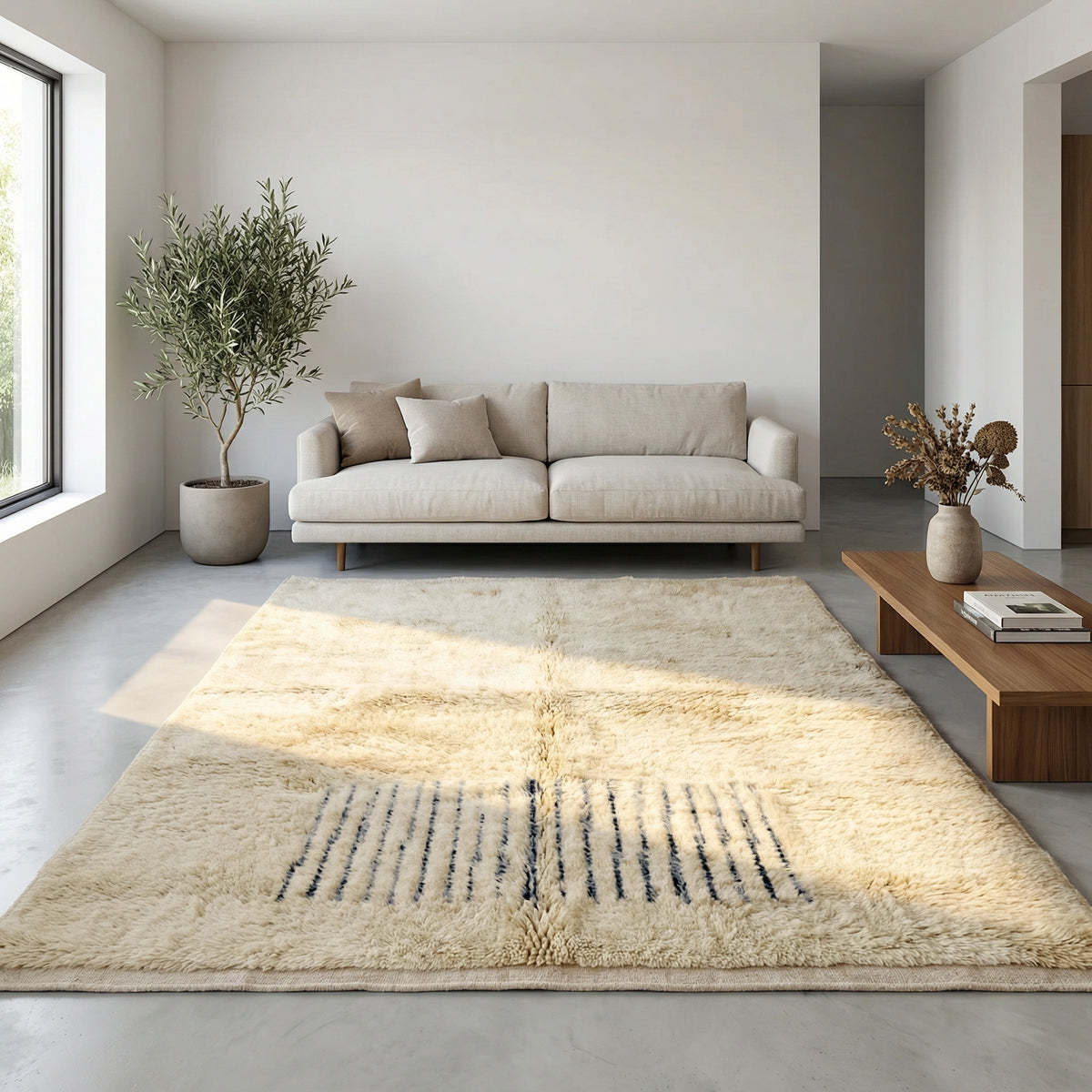 Moroccan wool rug, short dark blue lines near one end of a cream high-pile ground in a living room setting