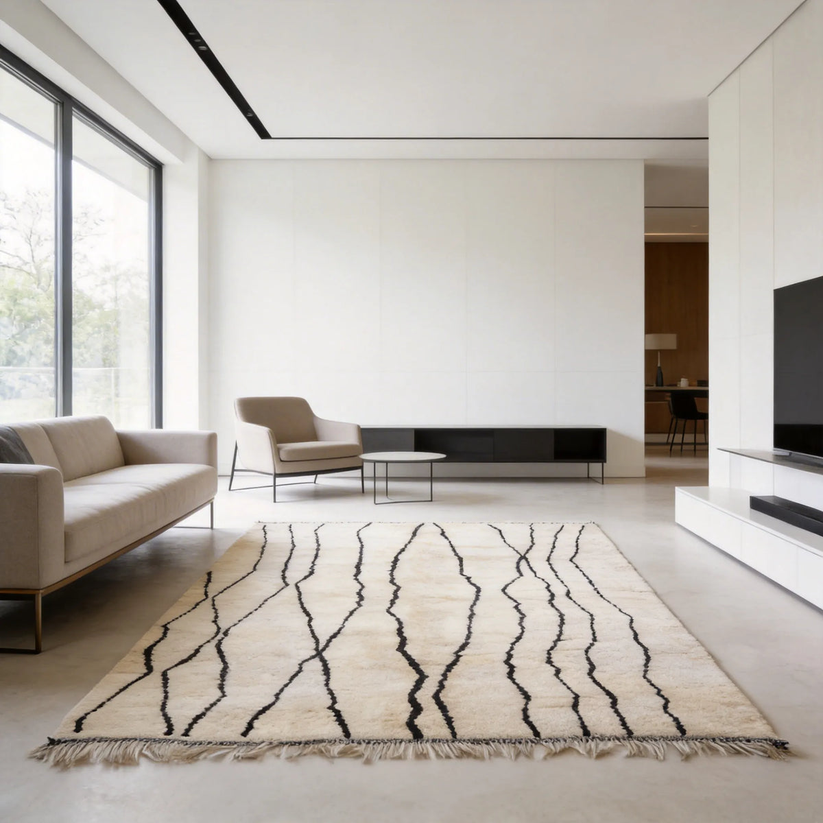 Moroccan wool rug, black vertical waves and lines on a cream high-pile ground in a living room setting