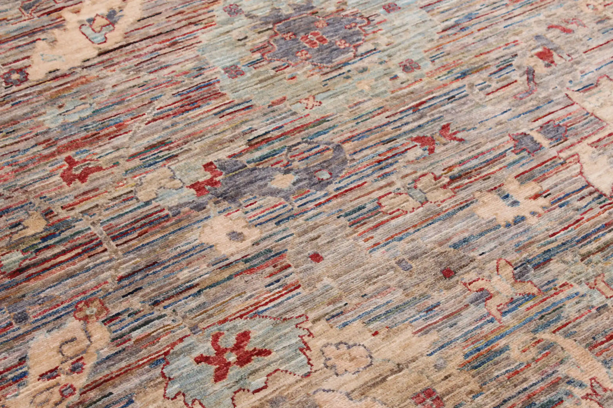 Gray Afghan Rug with Cream & Red Rosettes, 298 × 248 cm, view 9.