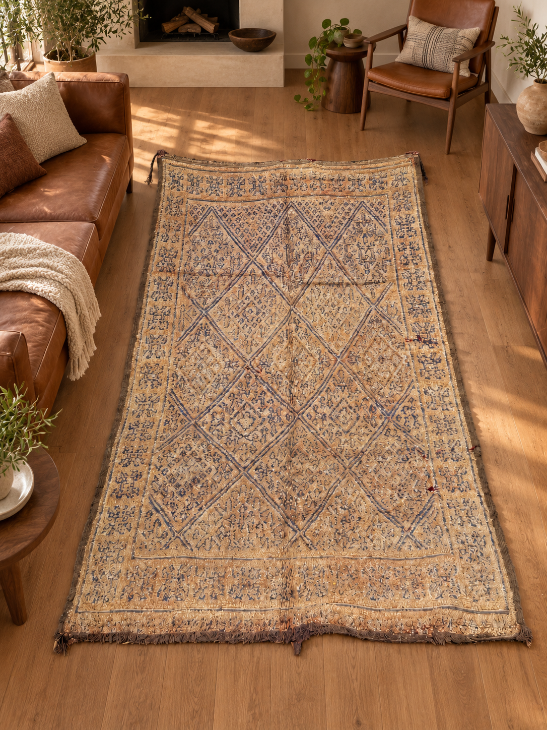 AI-generated room inspiration: Beige Vintage Moroccan Rug with Large Diamonds, 340 × 190 cm.