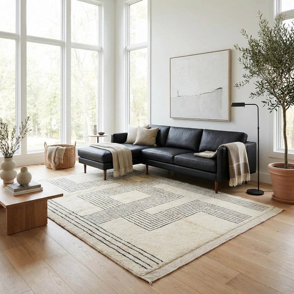 Handgeknüpfter Beni Ourain Berber-Teppich Mäander in Creme ausgelegt in einem hellen, modernen Wohnzimmer mit elegantem schwarzem Ledersofa