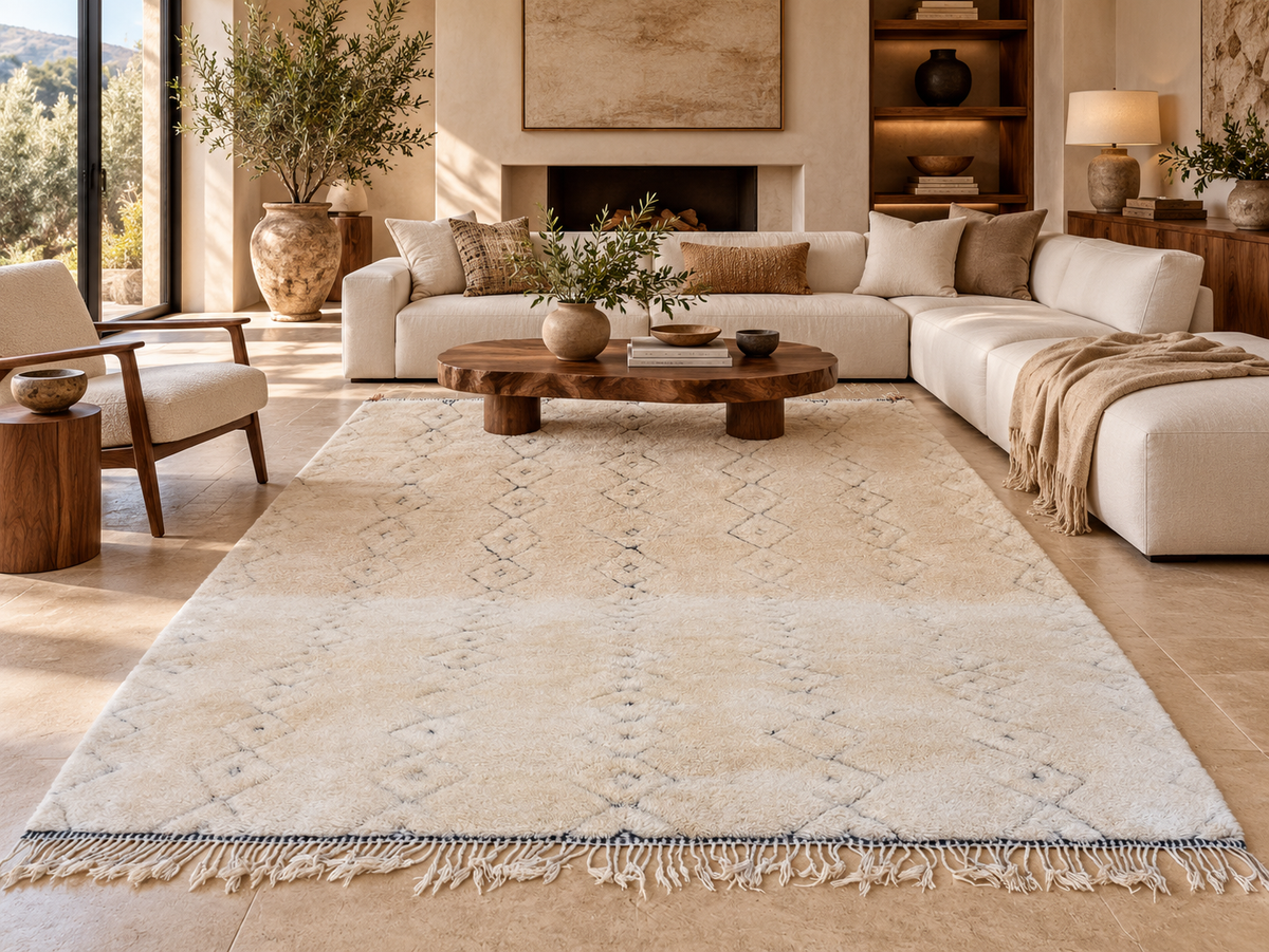 Beni Ourain Teppich Beige mit Rauten – 415 × 275 cm – Einrichtungsvisualisierung im modernen Wohnzimmer