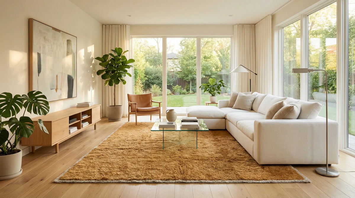 Beni Ourain wool rug, solid warm cognac brown, product view 3