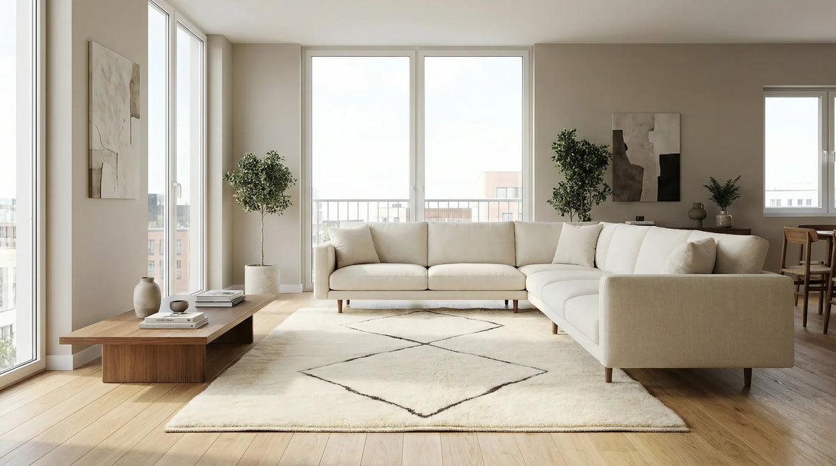 Beni Ourain wool rug, cream ground with two black diamonds, product view 4