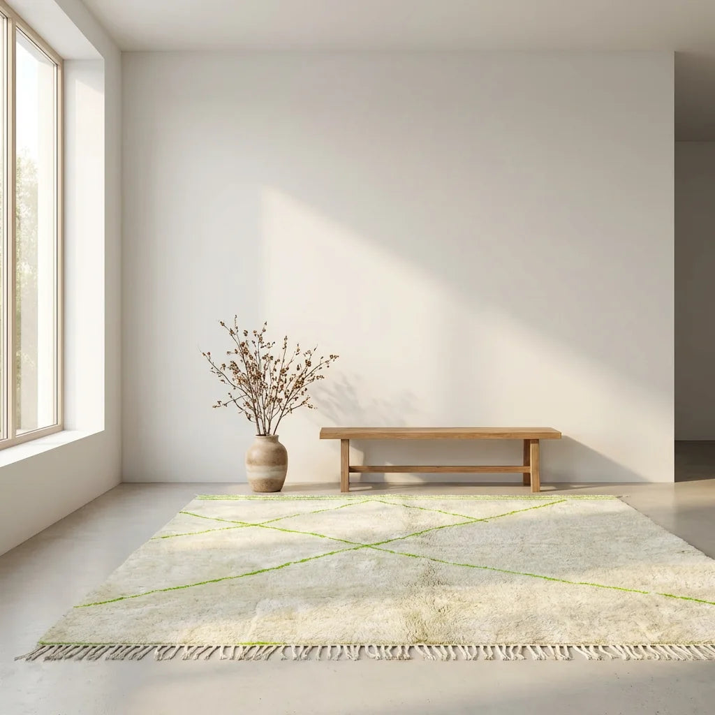Beni Ourain wool rug, cream ground with light green diamonds and border lines, product view 3
