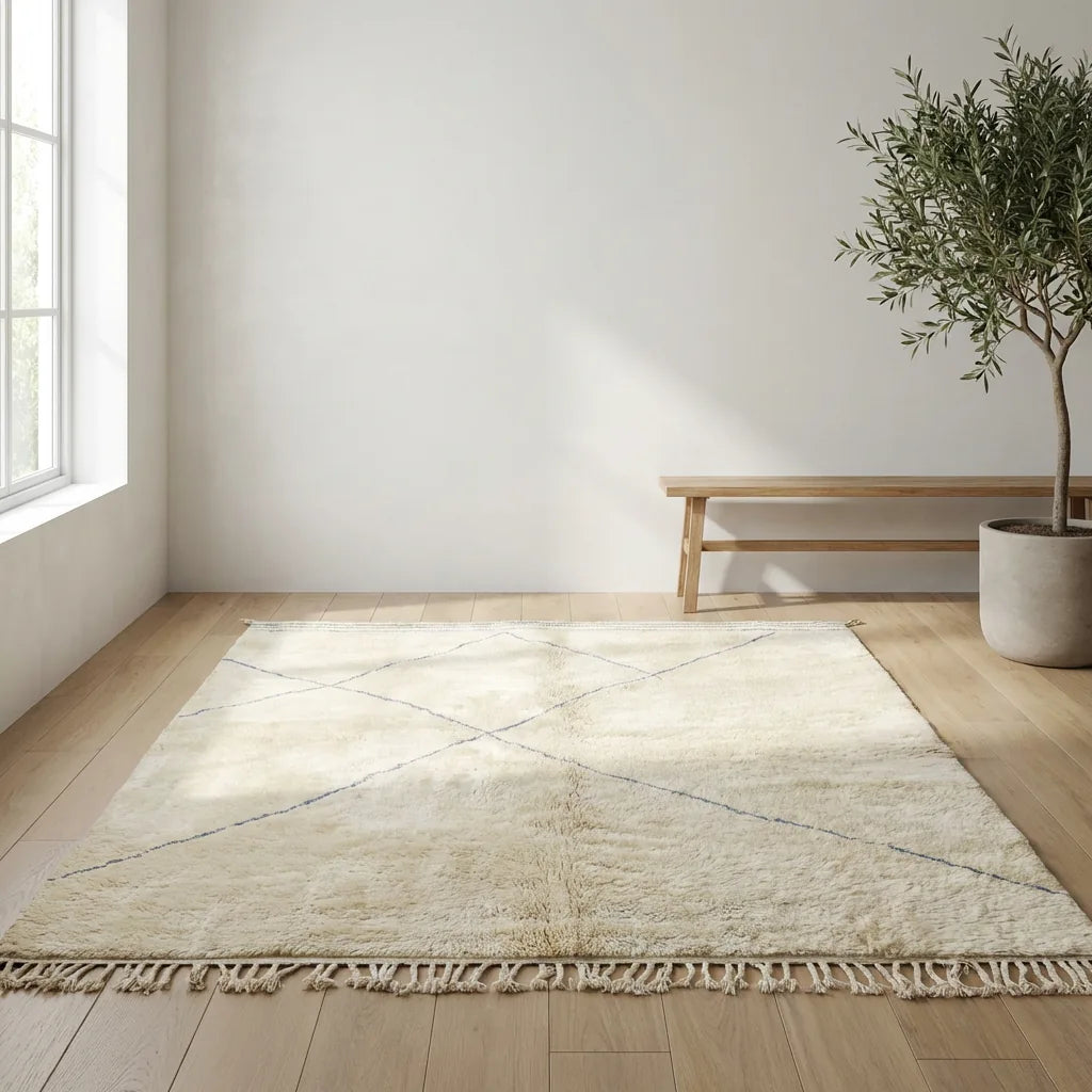 Beni Ourain wool rug, cream ground with a subtle gray diamond pattern, product view 2