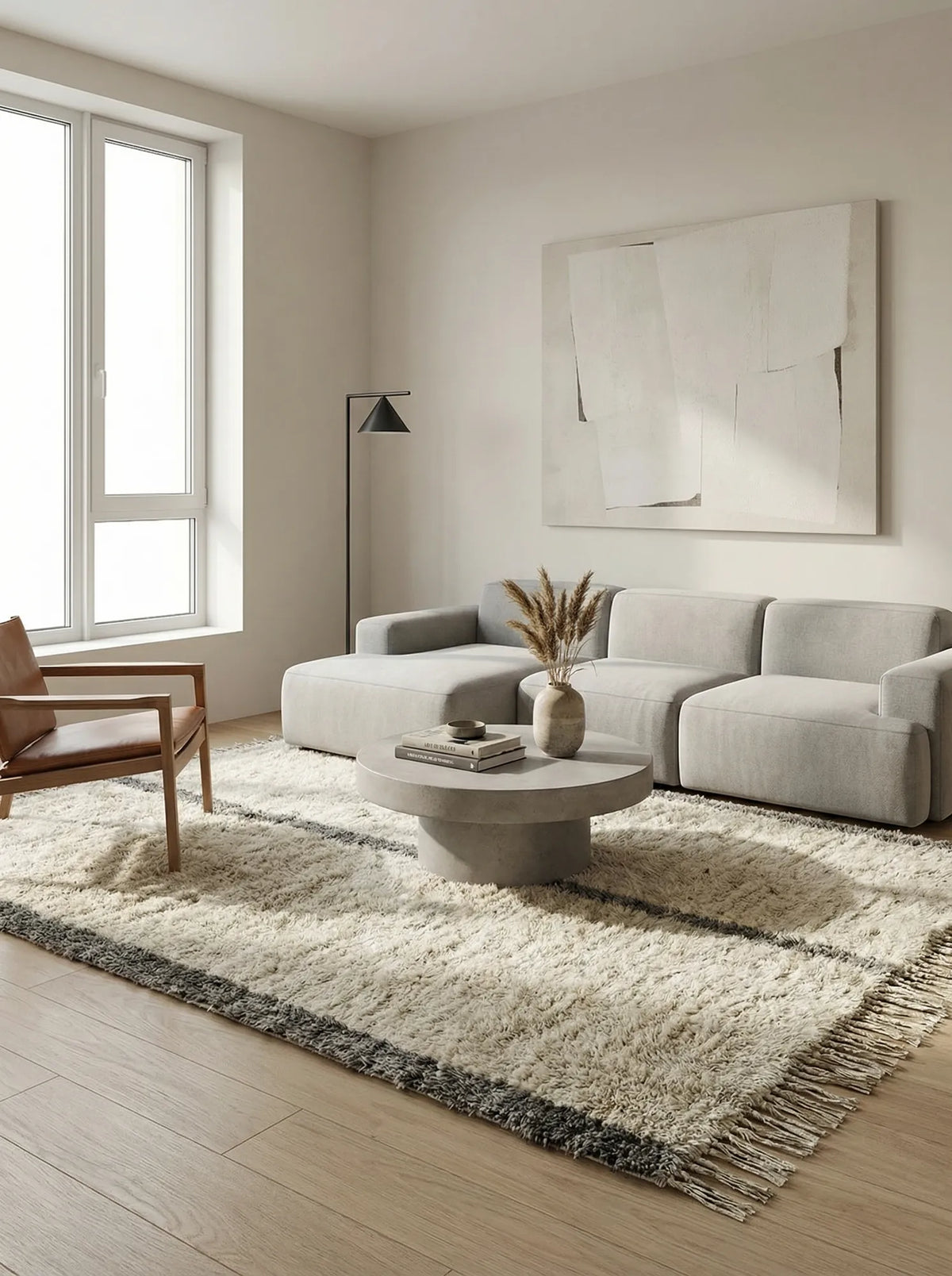 Beni Ourain wool rug, cream ground with a dark center line and side stripes, product view 3