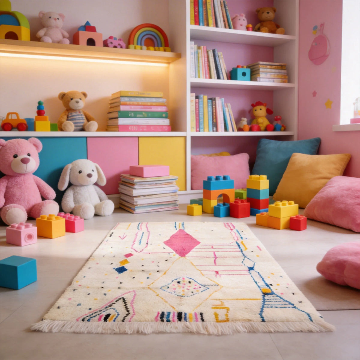 Beni Ourain wool rug, cream ground with a pink center diamond and colorful symbols, product view 3