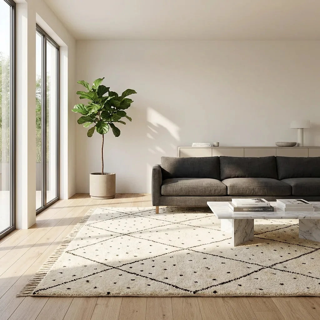 Beni Ourain wool rug, cream ground with black diamonds and small dots, product view 3