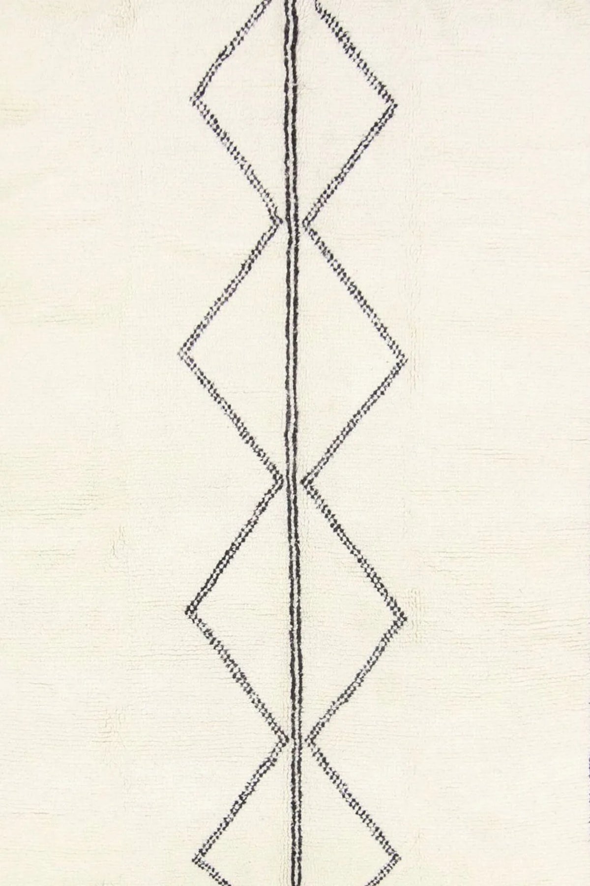 Moroccan wool rug, cream ground with three slender dark diamonds, product view 3