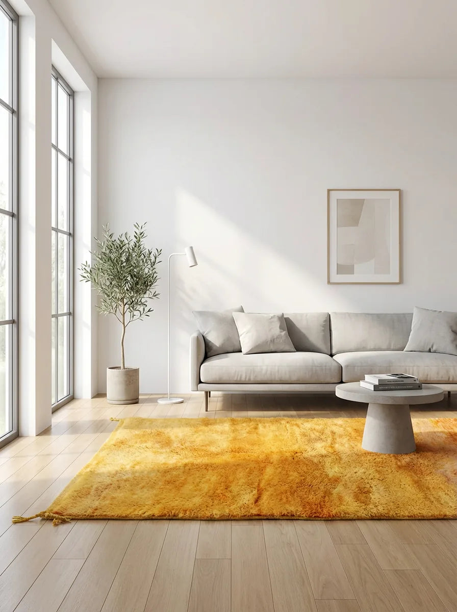 Detail of Moroccan wool rug, rich golden orange ground with a varied color texture