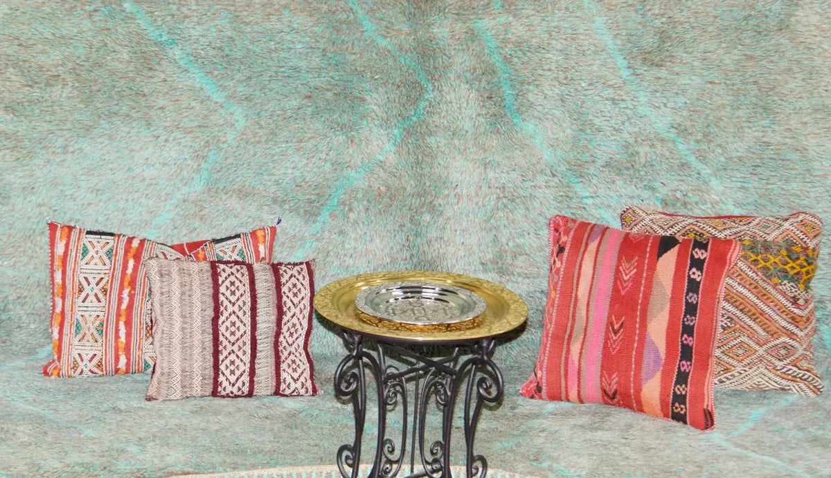 Moroccan wool rug, mint green ground with dark diagonal linework, product view 3