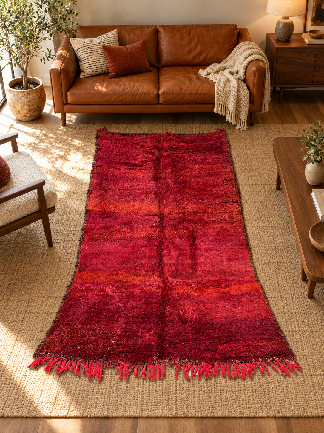 AI-generated room inspiration: Dark Red Vintage Moroccan Rug with Tonal Bands, 320 × 190 cm.