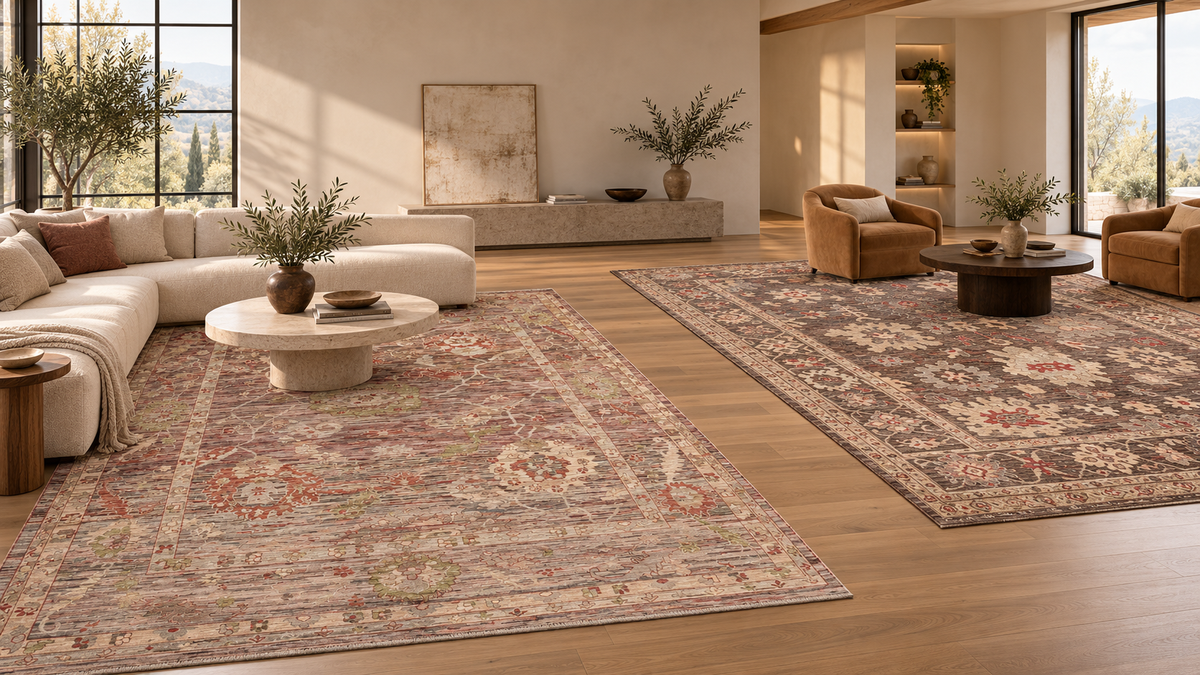 Zwei florale Orientteppiche in einem großzügigen Wohnzimmer mit zwei Sitzbereichen – KI-Wohnraumvisualisierung