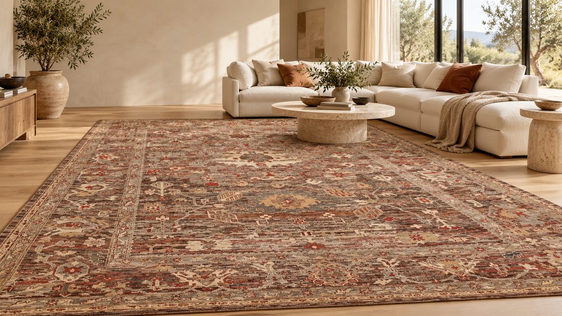 Floraler Orientteppich in Braun und Beige mit cremefarbenem Sofa und hellem Holzboden – KI-Wohnidee
