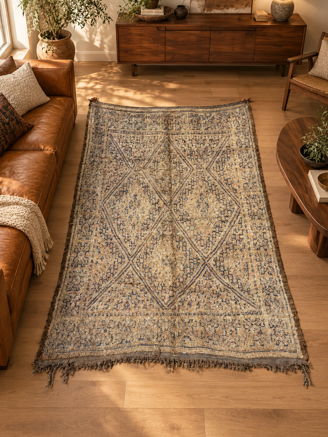 AI-generated room inspiration: Greige Vintage Moroccan Rug with Large Diamond Panel, 300 × 210 cm.