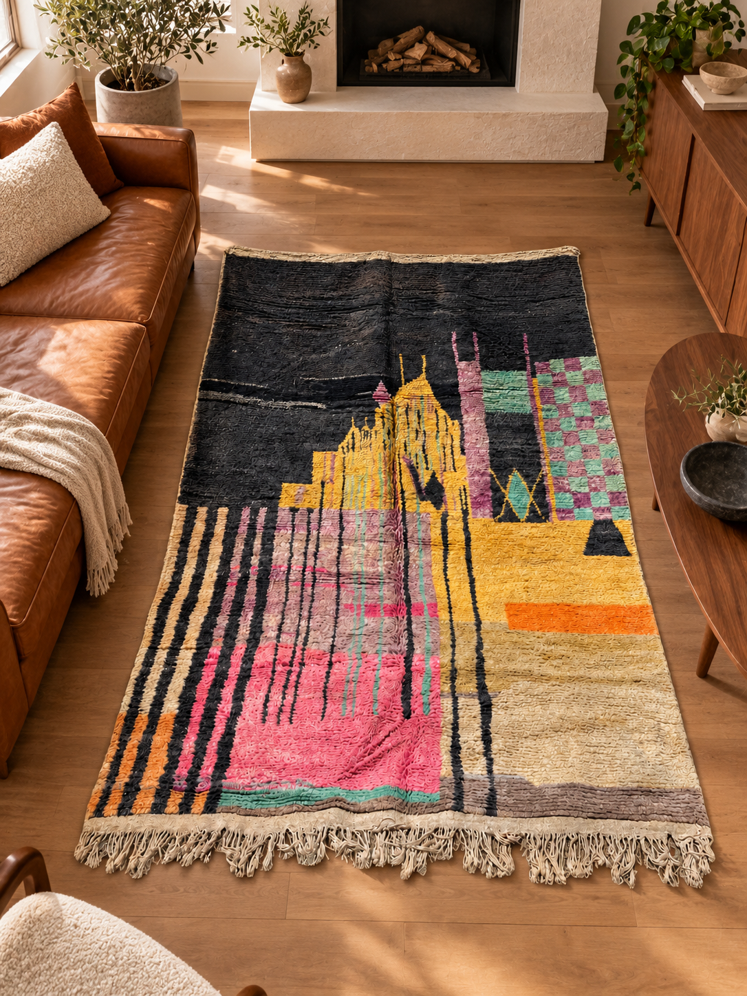 Großer bunter Vintage Teppich mit schwarzem Farbfeld – 360 × 260 cm, im Wohnzimmer – KI-Rauminspiration, Ansicht 2.