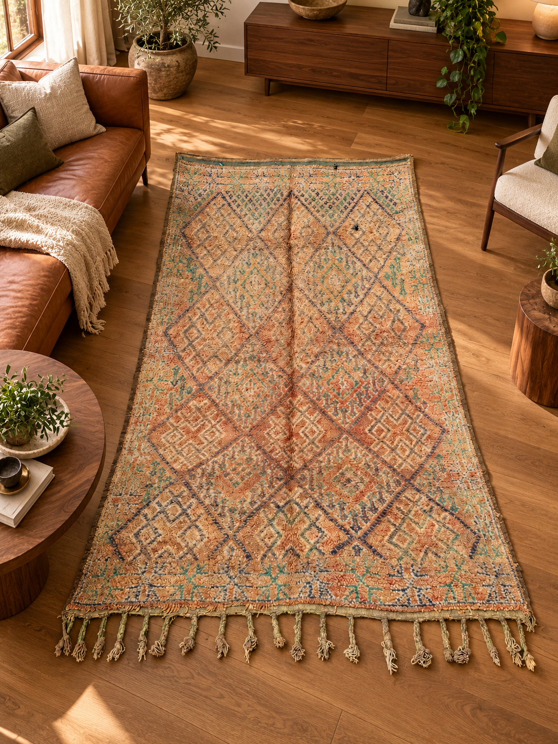 Heller Vintage Teppich mit feinen Rauten in Rosa und Grau – 340 × 170 cm, im Wohnzimmer – KI-Rauminspiration, Ansicht 2.