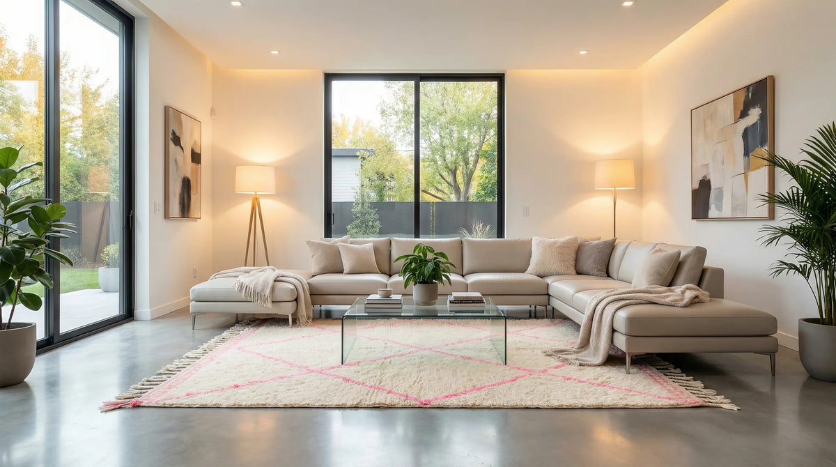 Mrirt wool rug, cream ground with a pink diamond pattern, product view 3