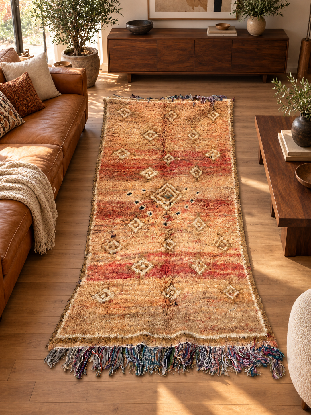Schmaler Vintage Teppich in Beige und Rostrot mit kleinen Rauten – 240 × 126 cm, im Wohnzimmer – KI-Rauminspiration, Ansicht 2.