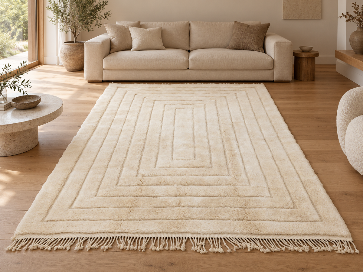 Mrirt Teppich Naturweiß mit rechteckigem Relief – 313 × 220 cm, Wohnraum-Visualisierung
