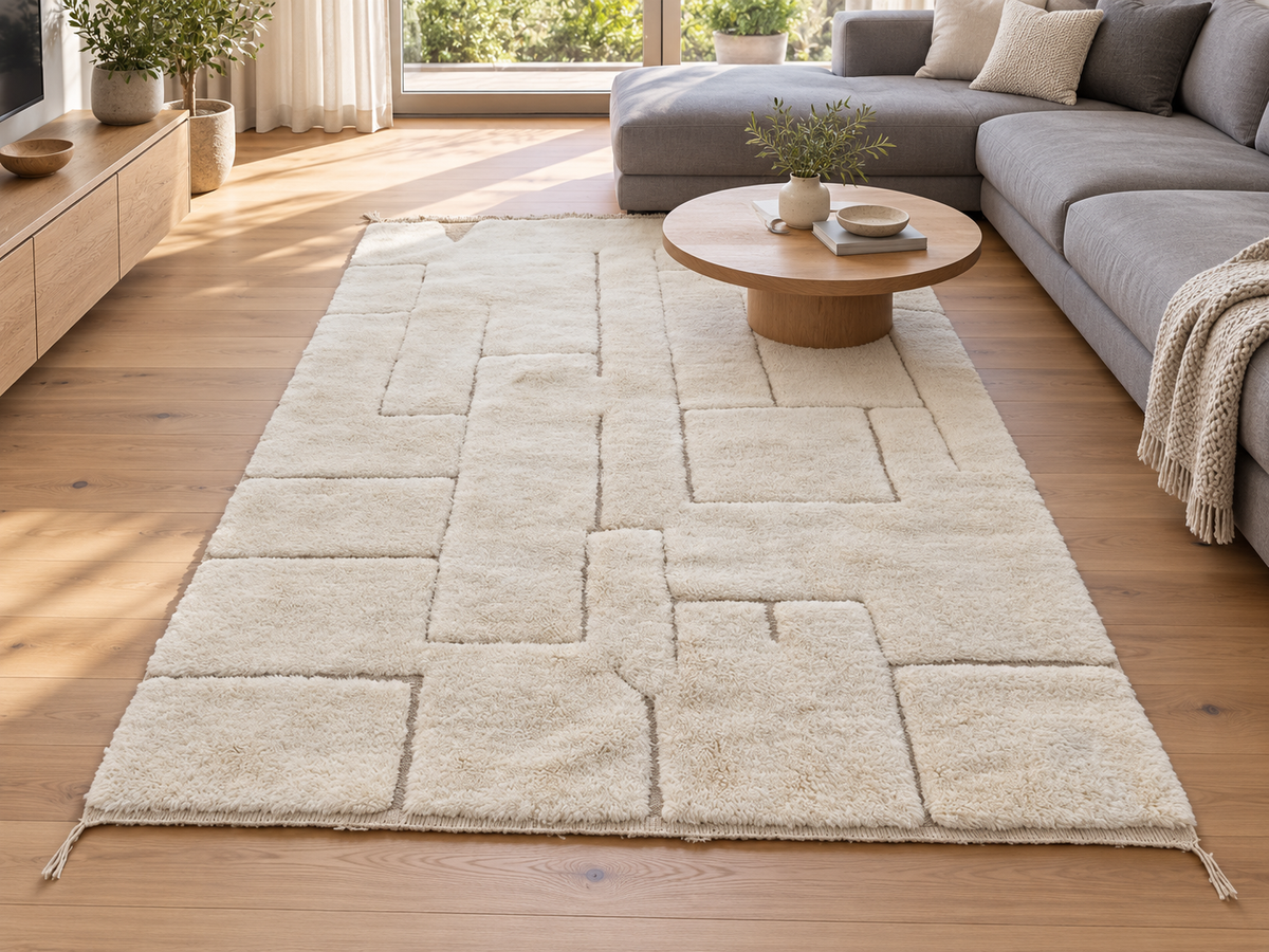 Beni Ourain Teppich Creme-Taupe mit Linienrelief 311 × 207 cm – Wohnraumvisualisierung