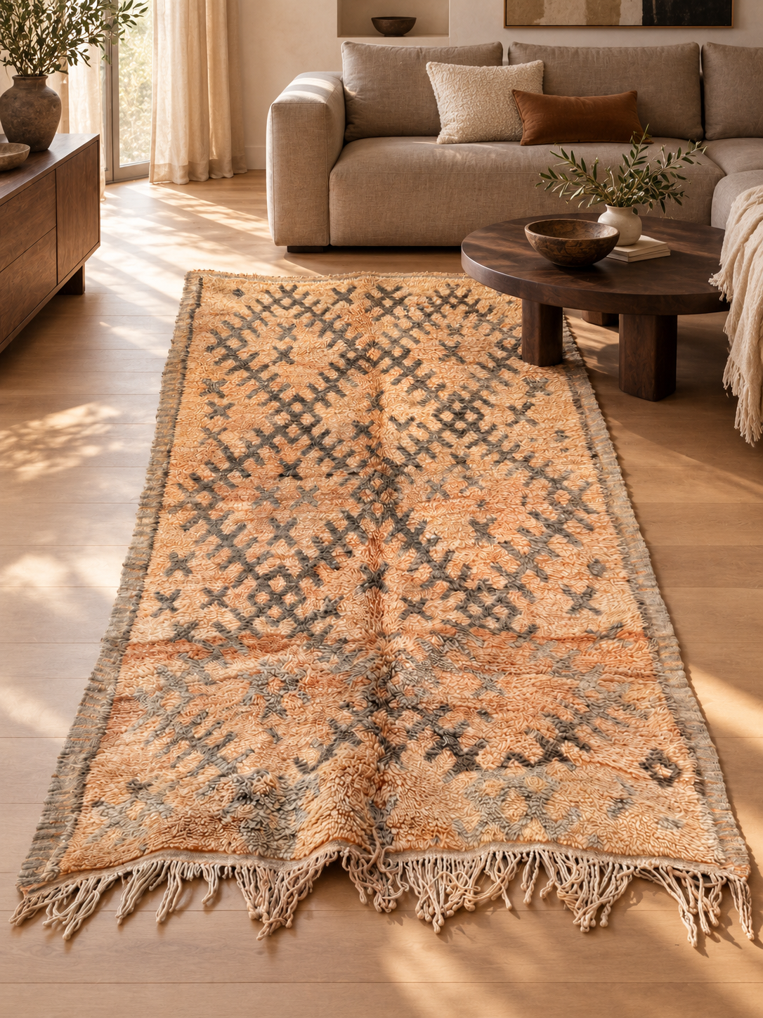 Naturfarbener Vintage-Teppich mit dunklen Rauten, 300 × 160 cm, im warmen modernen Wohnzimmer – KI-Rauminspiration, Ansicht 2.