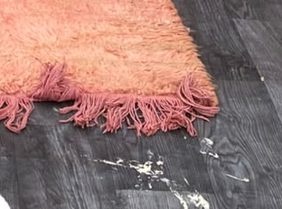 Vintage Teppich Altrosa mit weichen Farbbändern – 266 × 155 cm – echter Ausschnitt des Originalfotos: Kante und Fransen.