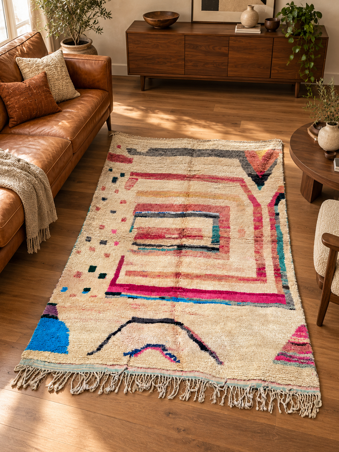 AI-generated room inspiration: Cream Vintage Moroccan Rug with Abstract Lines, 350 × 250 cm.