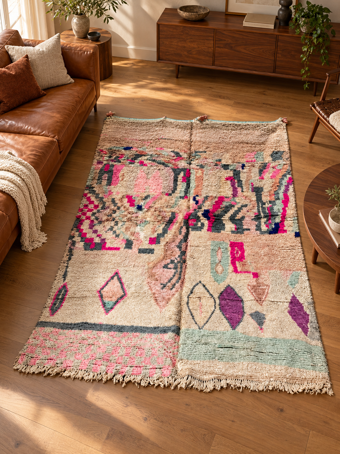 Vintage Teppich mit abstrakten Motiven in Pink und Grün – 290 × 145 cm, im Wohnzimmer – KI-Rauminspiration, Ansicht 2.