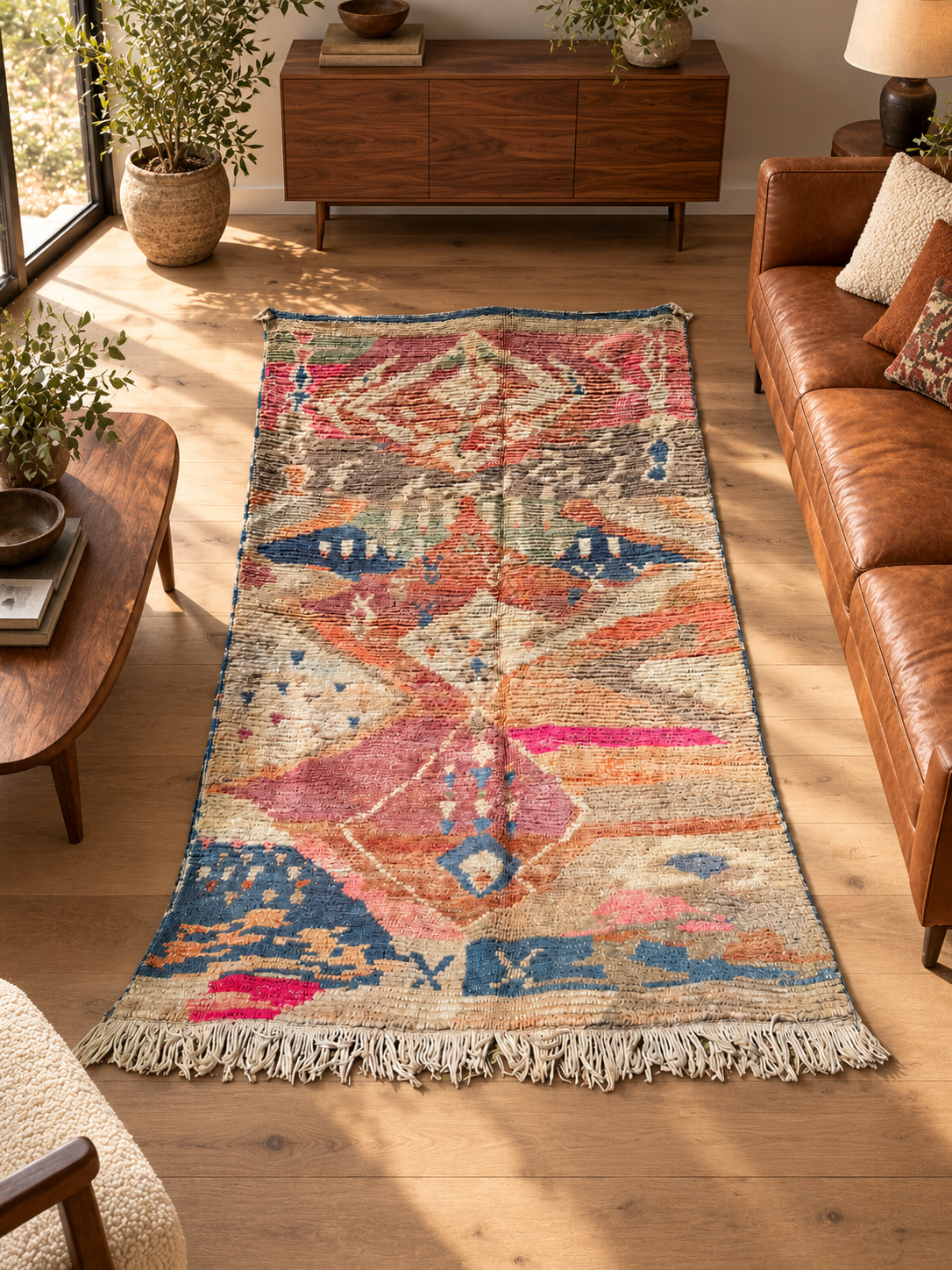 Vintage Teppich mit geometrischen Motiven in Rot und Blau – 262 × 150 cm, im Wohnzimmer – KI-Rauminspiration, Ansicht 2.