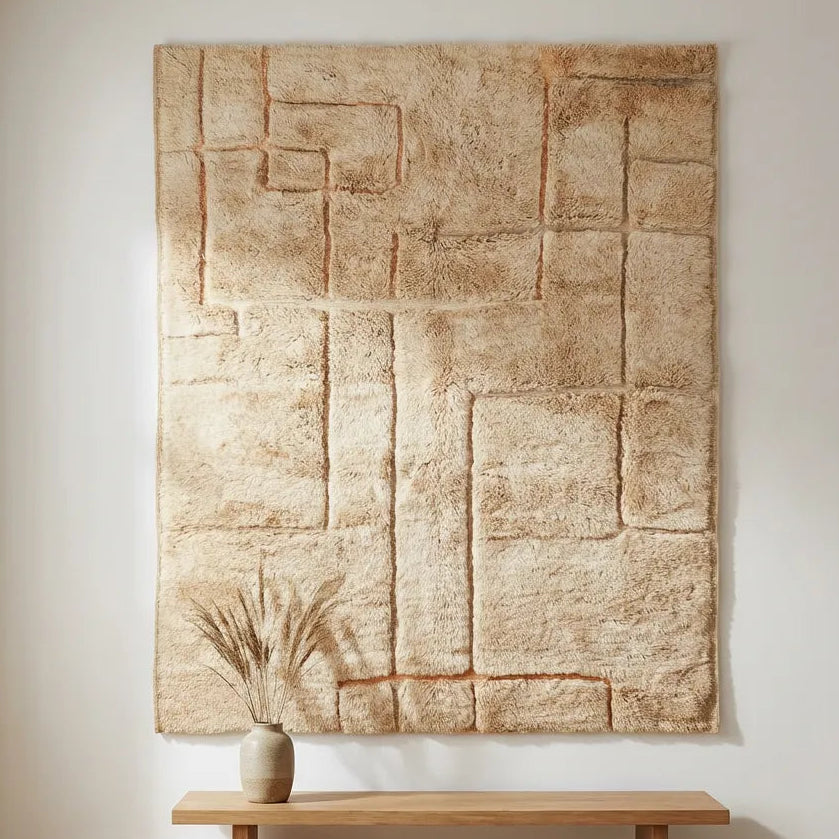 Luxuriöser sandbeiger Mrirt Berberteppich nach Maß mit modernen geometrischen Relief-Linien in dichter 100% Atlas-Schurwolle von Tislit