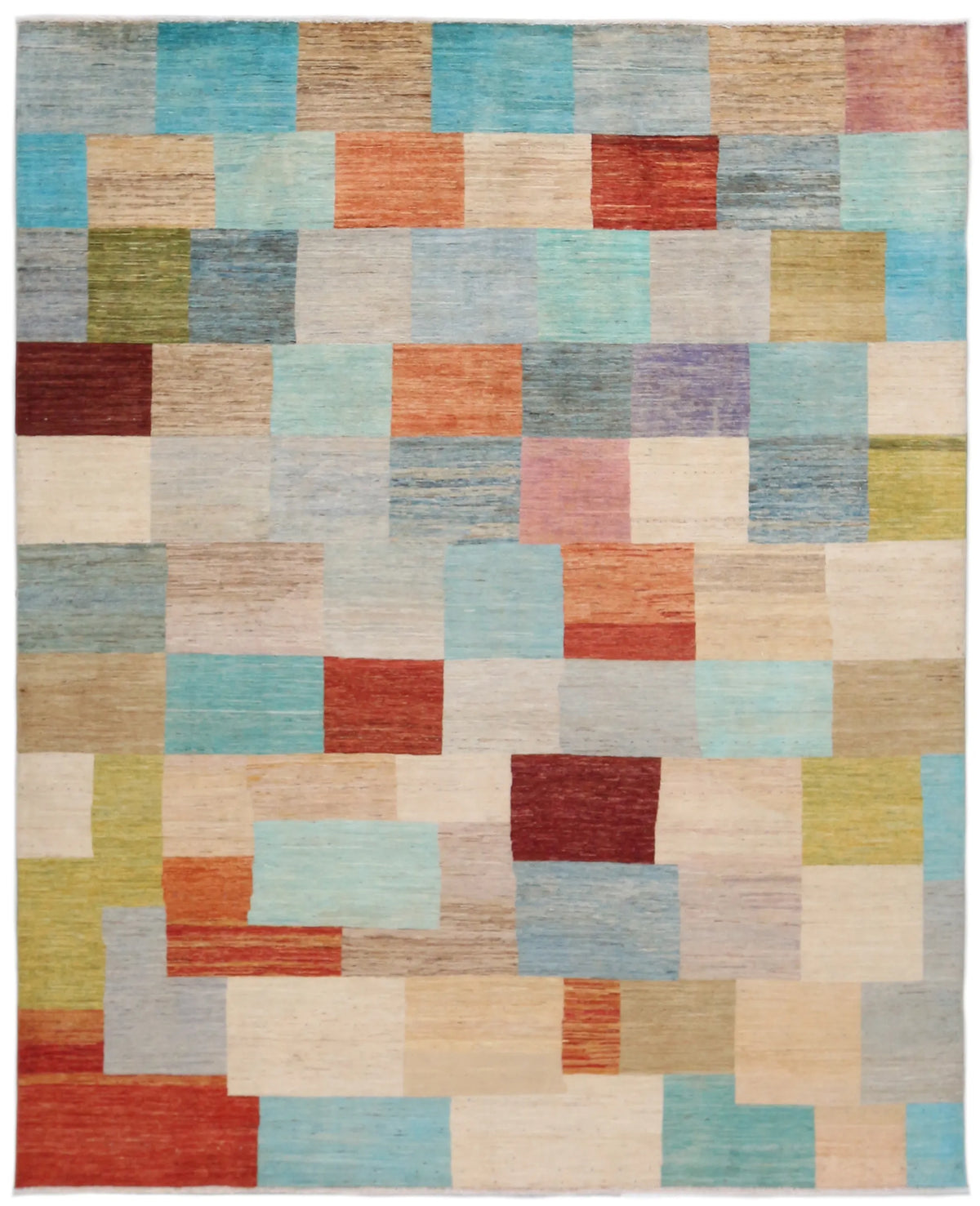 Gabbeh-Teppich mit bunten Rechtecken, 299 × 248 cm – Gesamtansicht