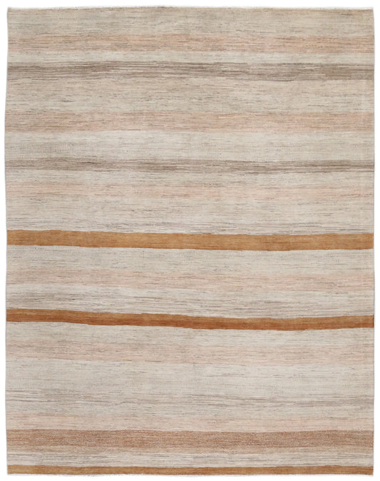 Beiger Gabbeh-Teppich mit ockerfarbenen Streifen, 300 × 236 cm – Gesamtansicht