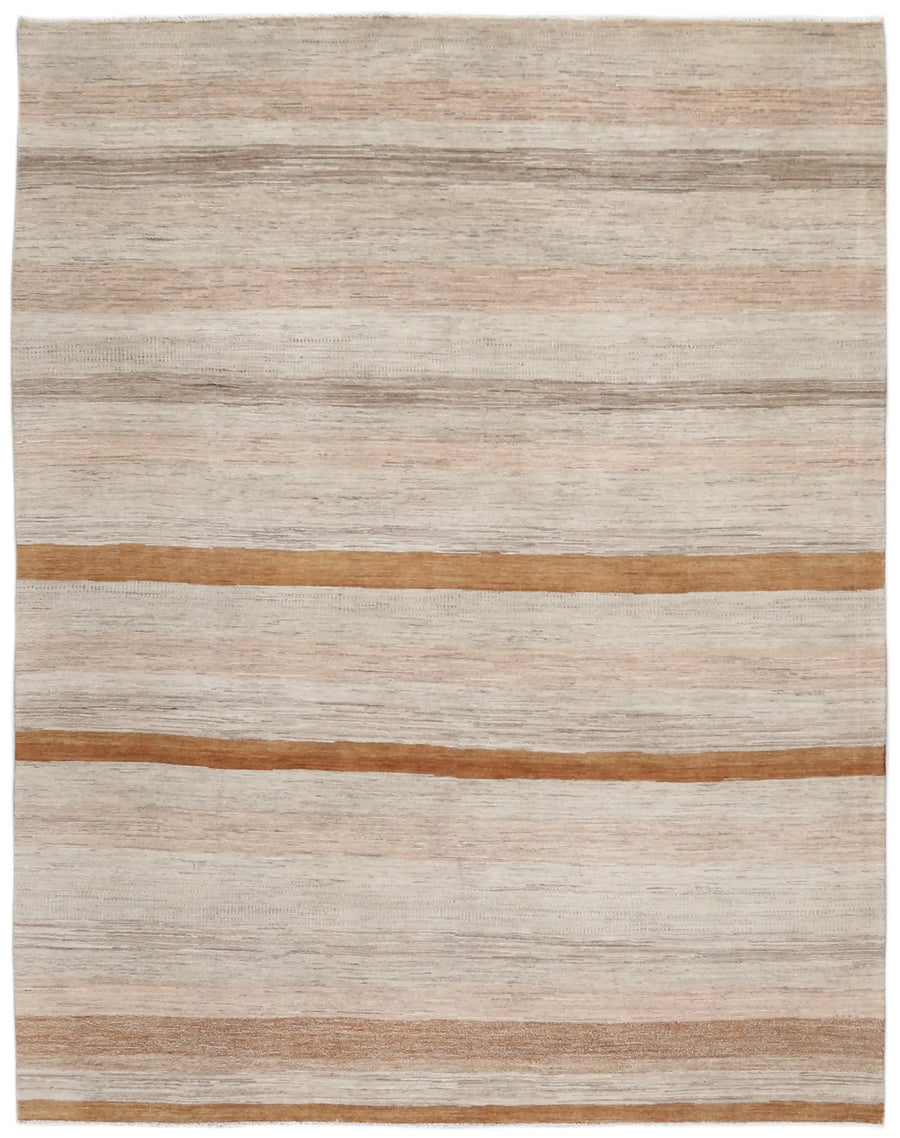 Beige Gabbeh Rug with Ochre Stripes, 300 × 236 cm, overall view.