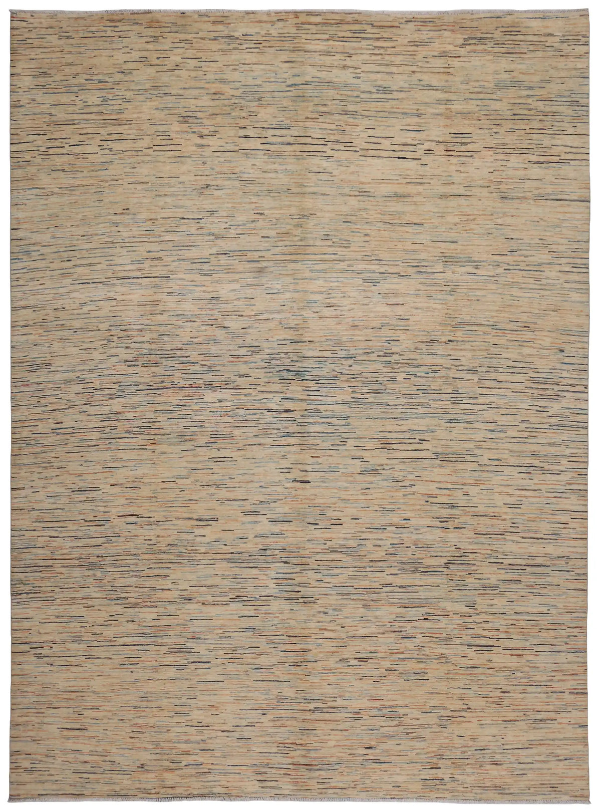 Sand Wool Rug with Fine Blue Horizontal Lines, 387 × 295 cm, overall view.