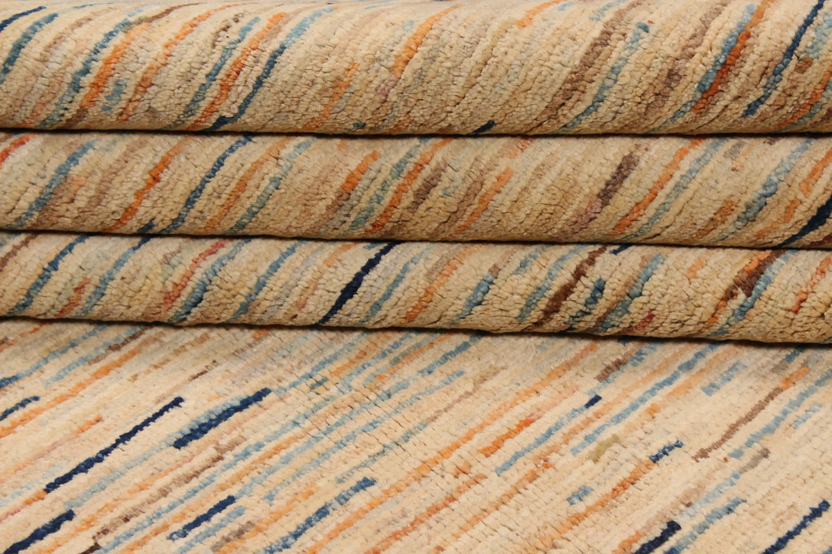 Sand Wool Rug with Fine Blue Horizontal Lines, 387 × 295 cm, view 4.