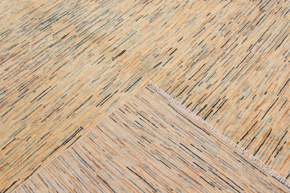 Sand Wool Rug with Fine Blue Horizontal Lines, 387 × 295 cm, view 6.