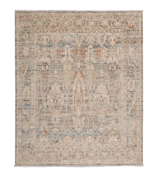 Cremefarbener Orientteppich mit blauen Blattmotiven, 298 × 252 cm – Gesamtansicht