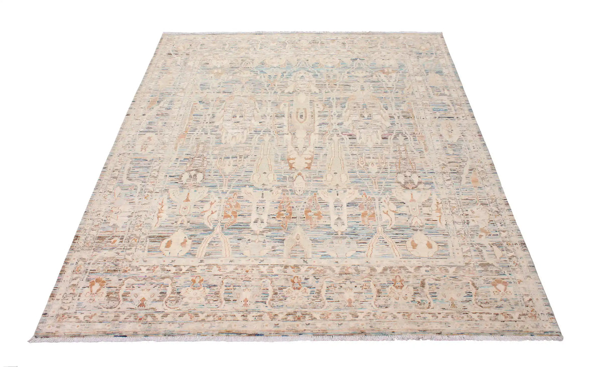 Cream Afghan Rug with Blue Leaf Motifs, 298 × 252 cm, view 2.