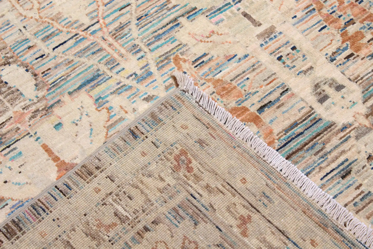 Cream Afghan Rug with Blue Leaf Motifs, 298 × 252 cm, view 4.