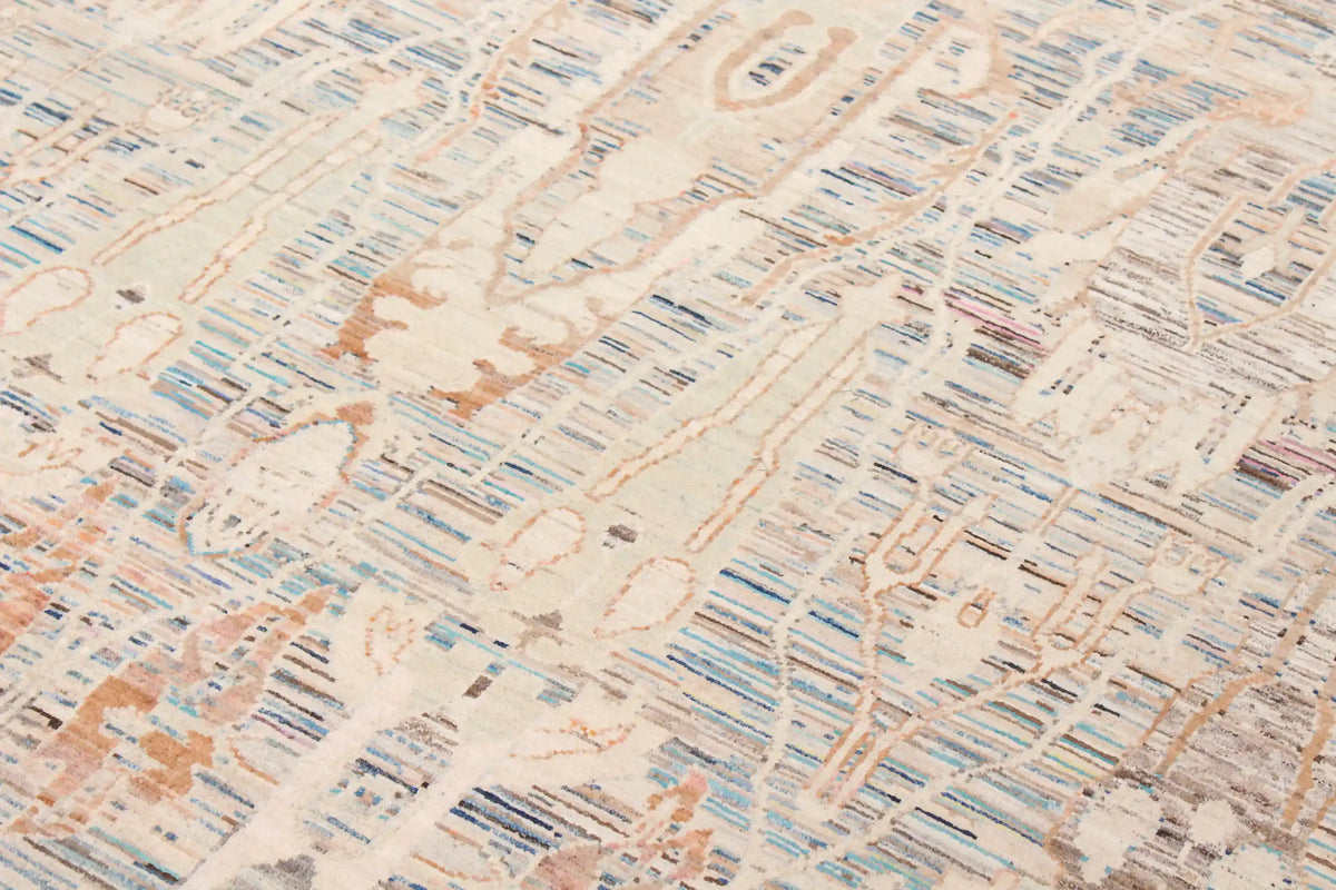 Cream Afghan Rug with Blue Leaf Motifs, 298 × 252 cm, view 9.