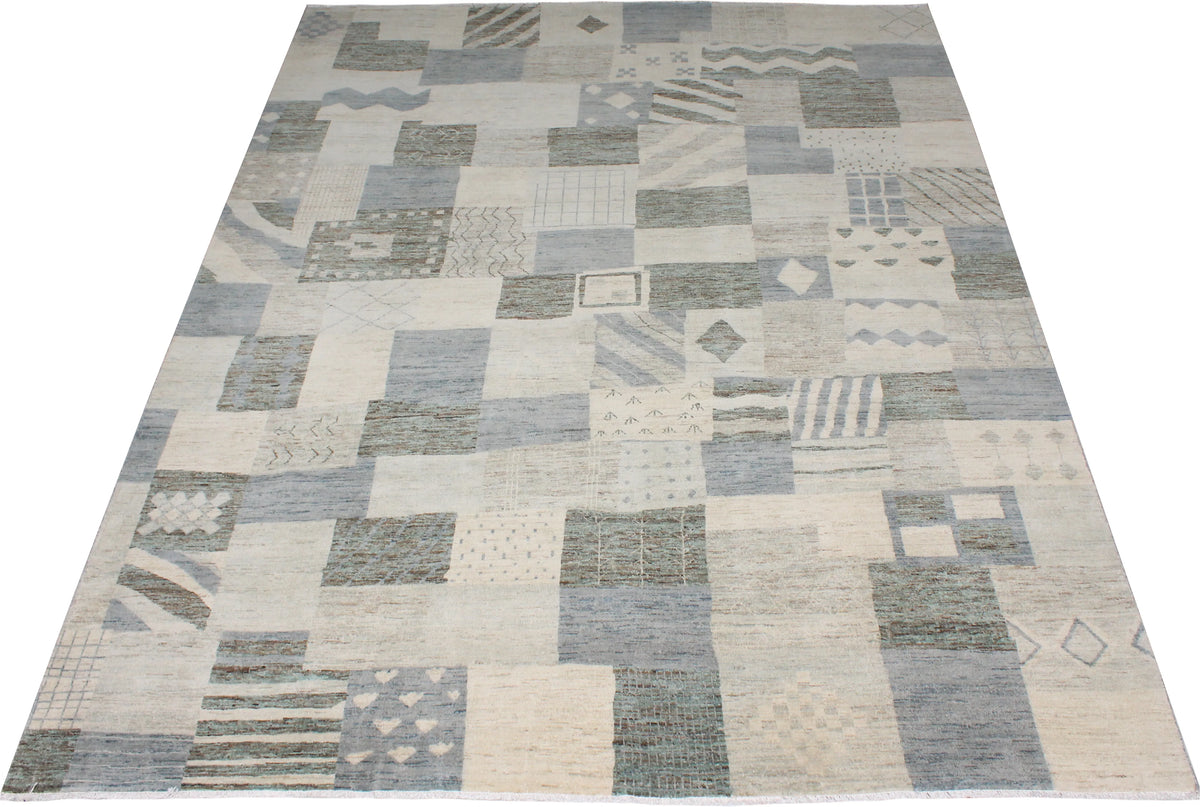 Gray Afghan Rug with Graphic Blocks, 307 × 245 cm, view 2.