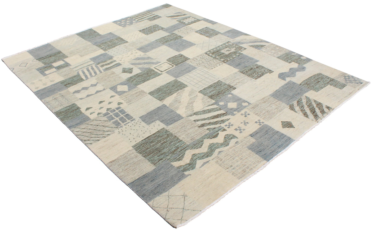 Gray Afghan Rug with Graphic Blocks, 307 × 245 cm, view 3.