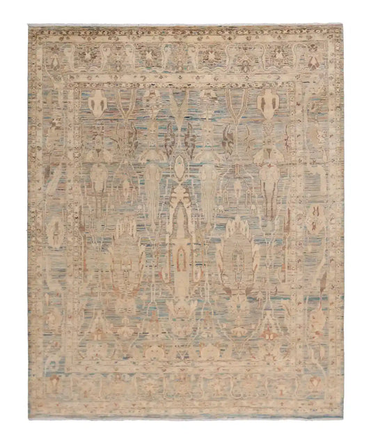 Orientteppich mit langen Blattmotiven in Blau und Creme, 308 × 250 cm – Gesamtansicht